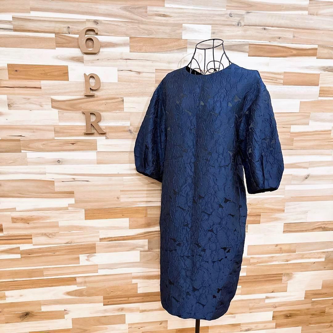 フロリア Flolia ボリューム 立体 花柄 ドレス ワンピース M 紺×黒