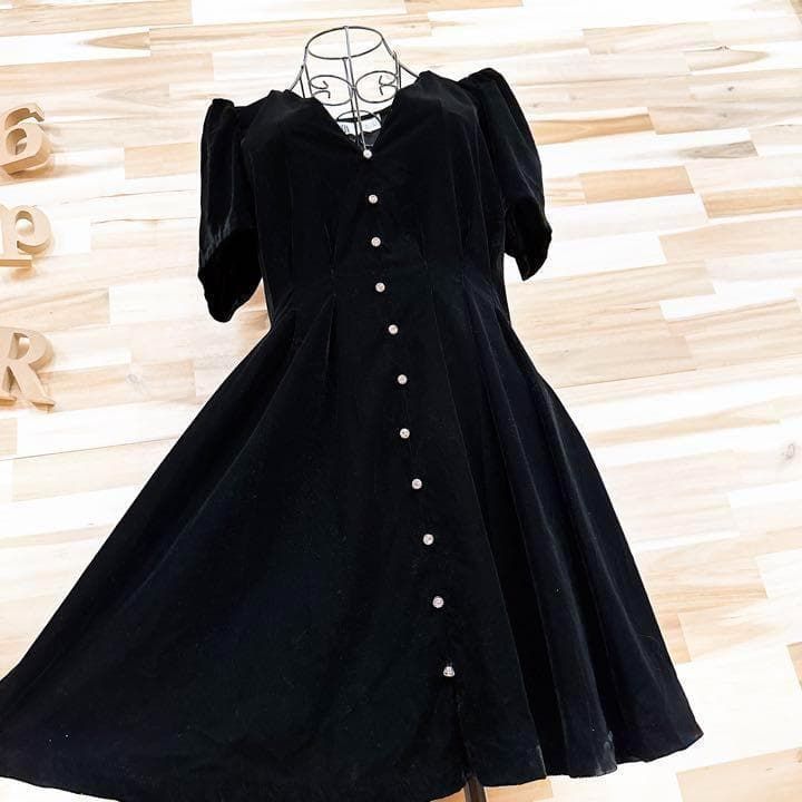  ザラ ベロア ドレス ワンピース ラインストーン ボタン Vネック S 黒 半袖 ひざ丈ワンピース