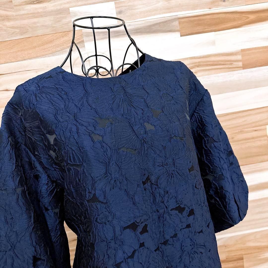  フロリア Flolia ボリューム 立体 花柄 ドレス ワンピース M 紺×黒 長袖 七分袖 ひざ丈ワンピース