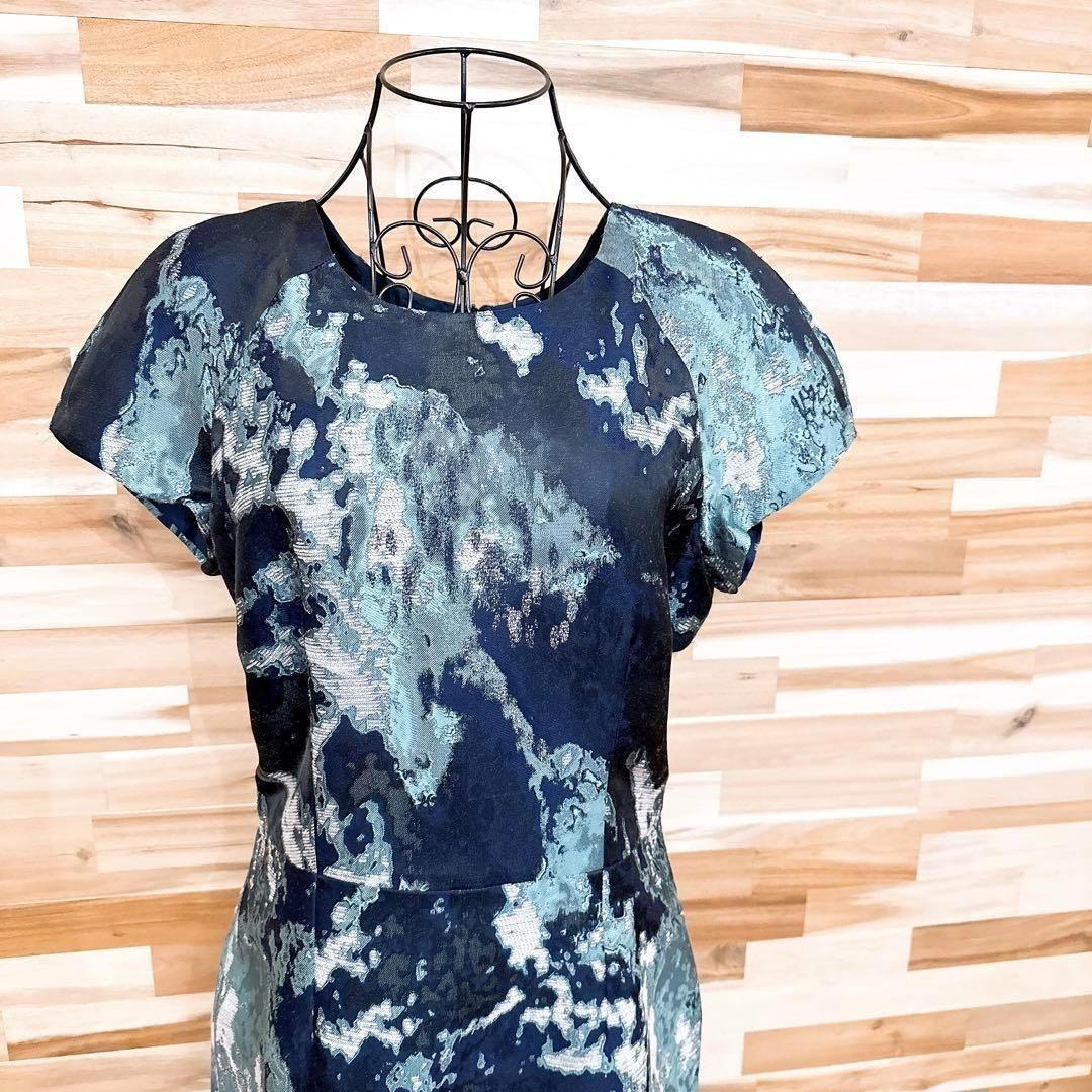 ザラ クルーネック ジャガード マーブル ドレス ワンピース M 紺×黒