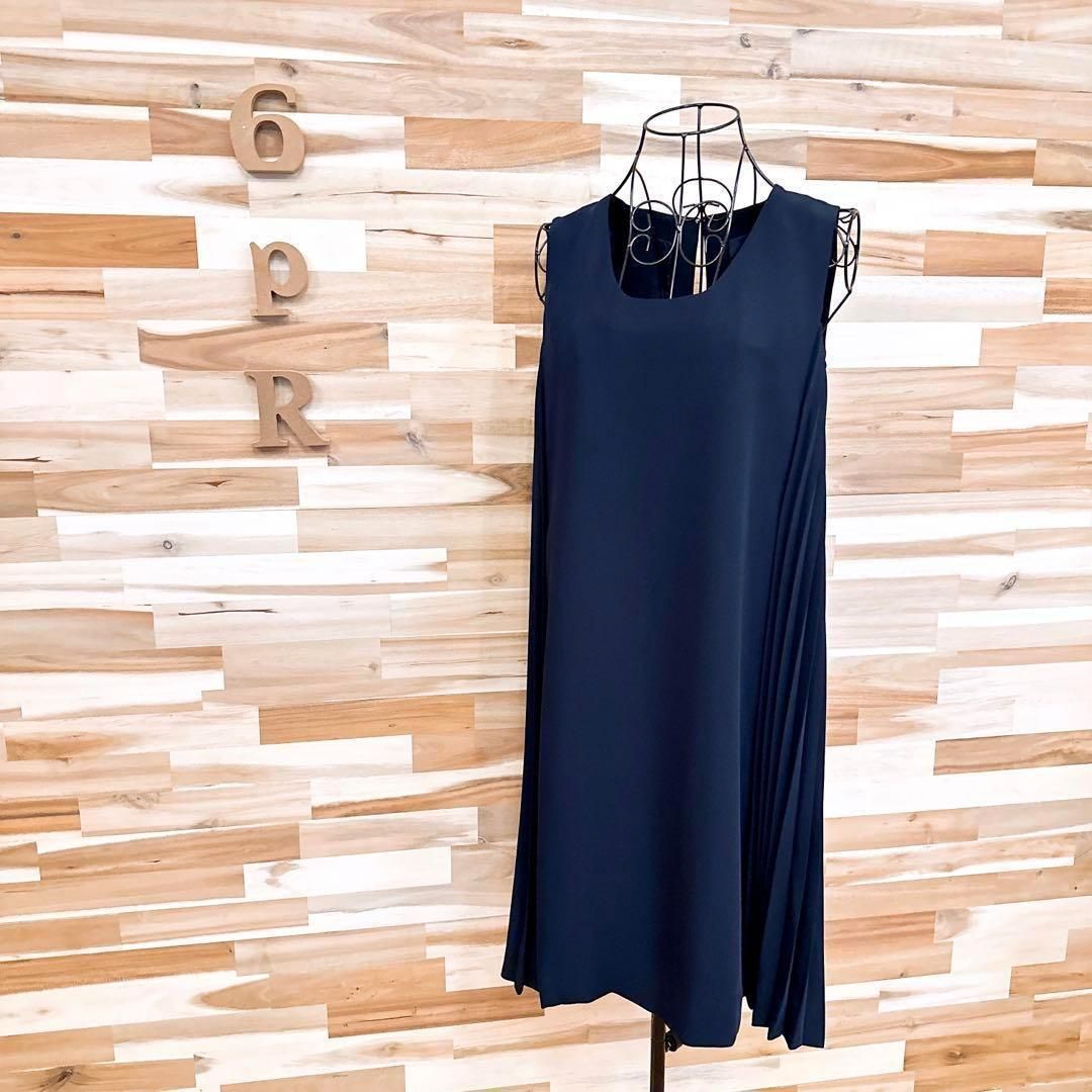 シンゾーン プリーツ ドッキング ノースリーブ ワンピース M 紺ネイビー