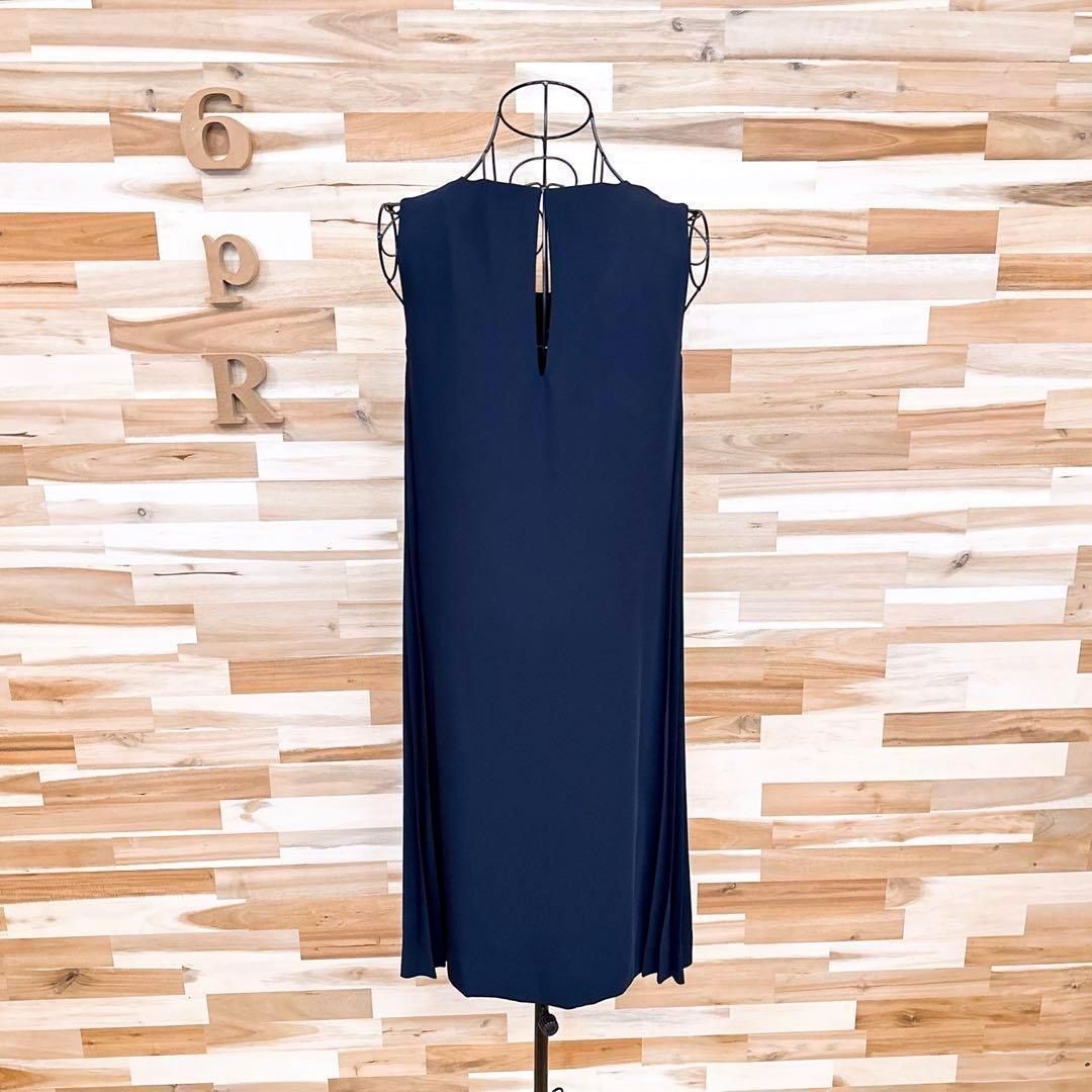  シンゾーン プリーツ ドッキング ノースリーブ ワンピース M 紺ネイビー ノースリーブ ひざ丈ワンピース