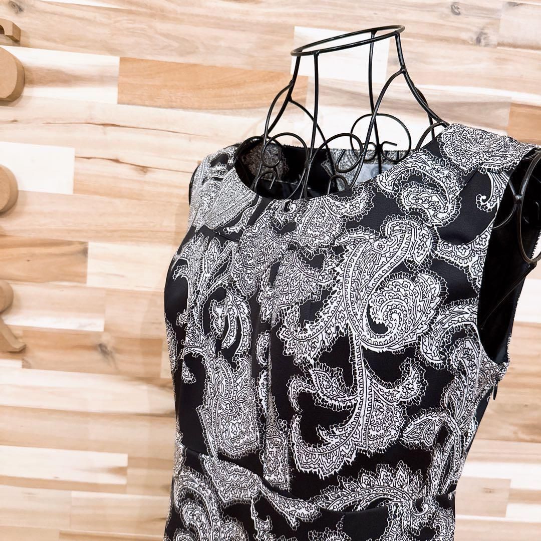 ジェイプレス ノースリーブ ドレス ワンピース ペイズリー 総柄 L 黒×白