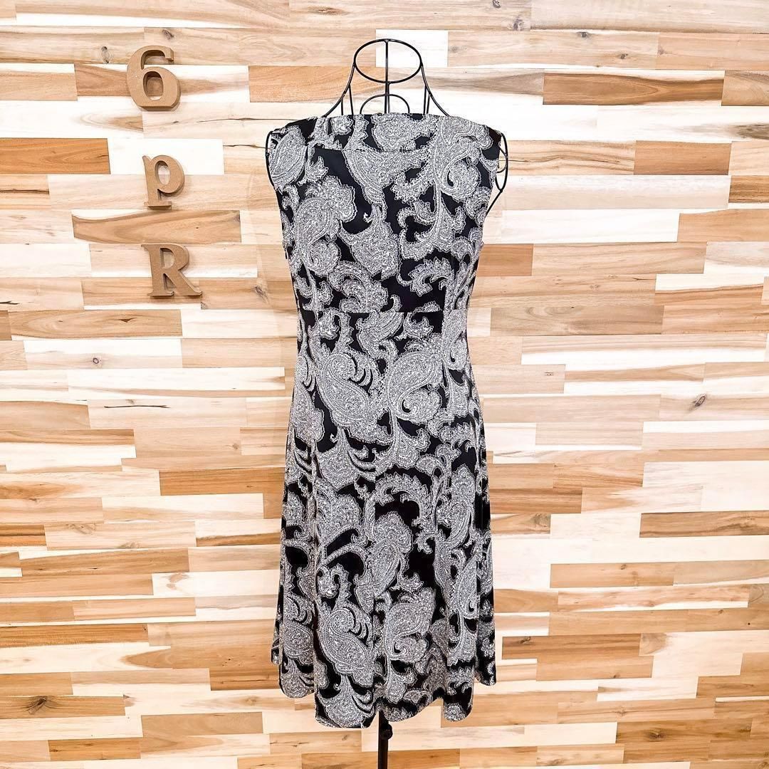 ジェイプレス ノースリーブ ドレス ワンピース ペイズリー 総柄 L 黒×白 ノースリーブ ひざ丈ワンピース