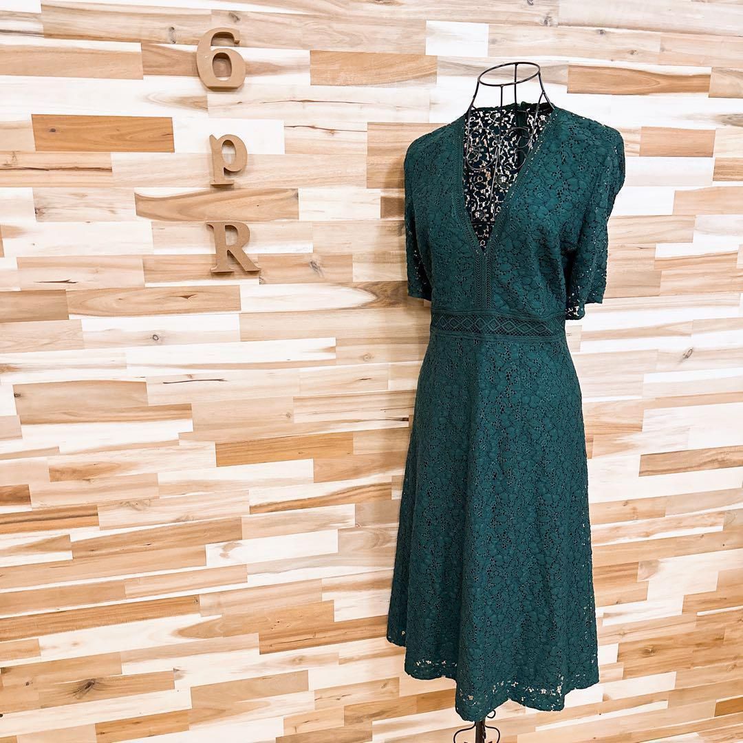  ザラ フラワー 花柄 総レース Vネック ロング ドレス ワンピース S 緑 半袖 カットソーワンピース