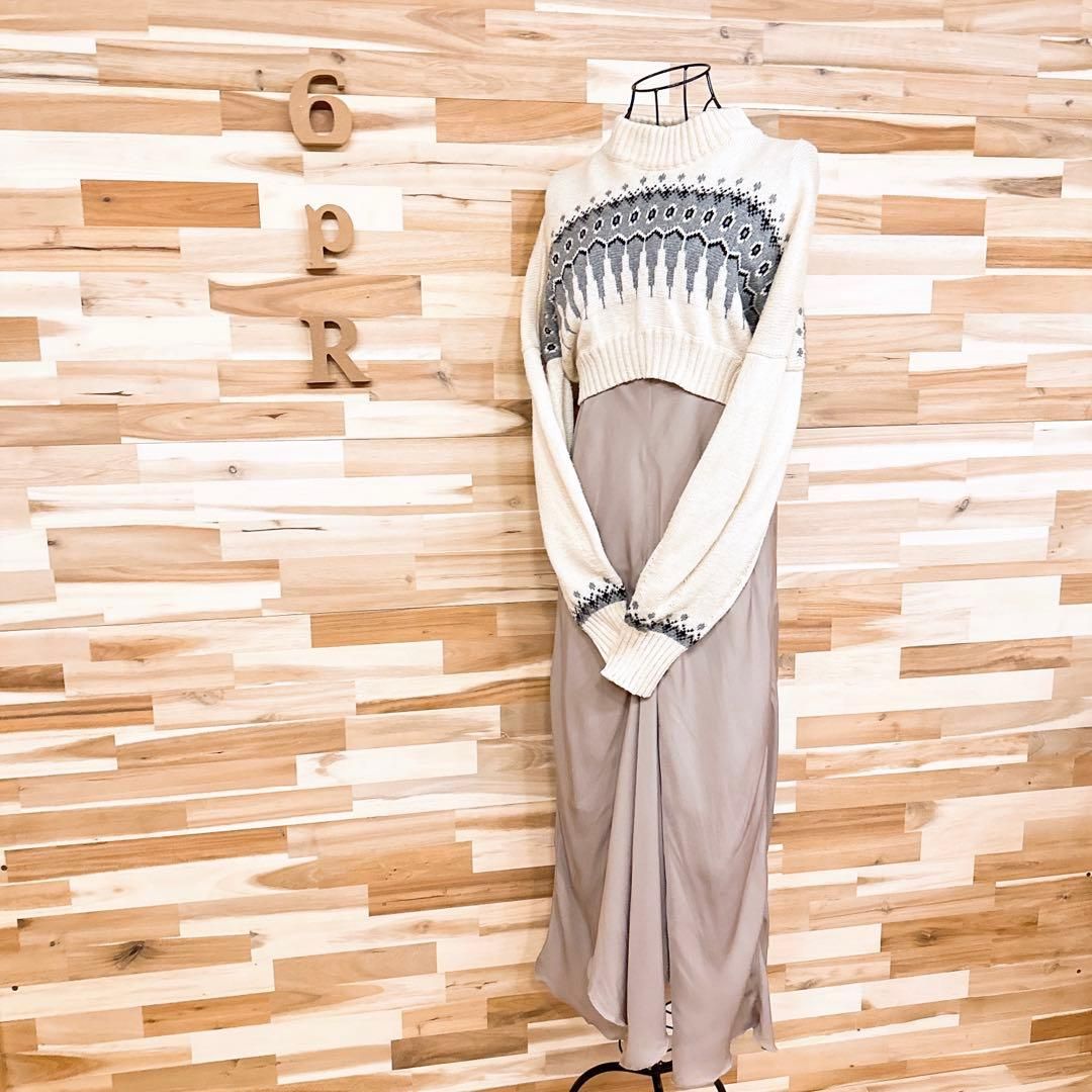 ファーファー ノルディック クロップド ニット キャミ ワンピース グレージュ