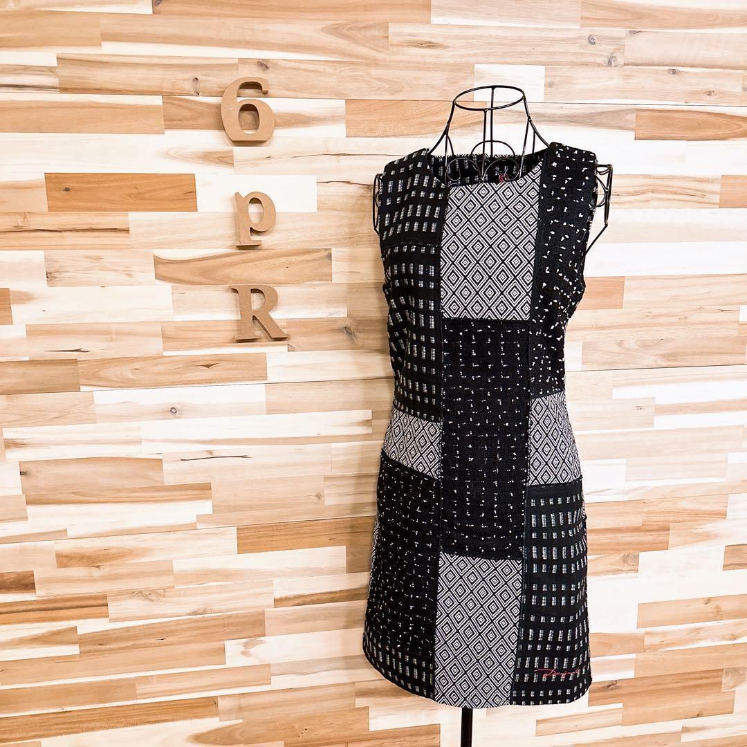 デシグアル ツイード パッチワーク ノースリーブ ワンピース 黒×白