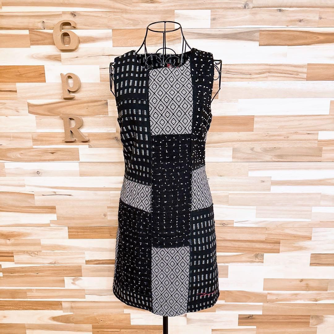  デシグアル ツイード パッチワーク ノースリーブ ワンピース 黒×白 ノースリーブ ひざ丈ワンピース
