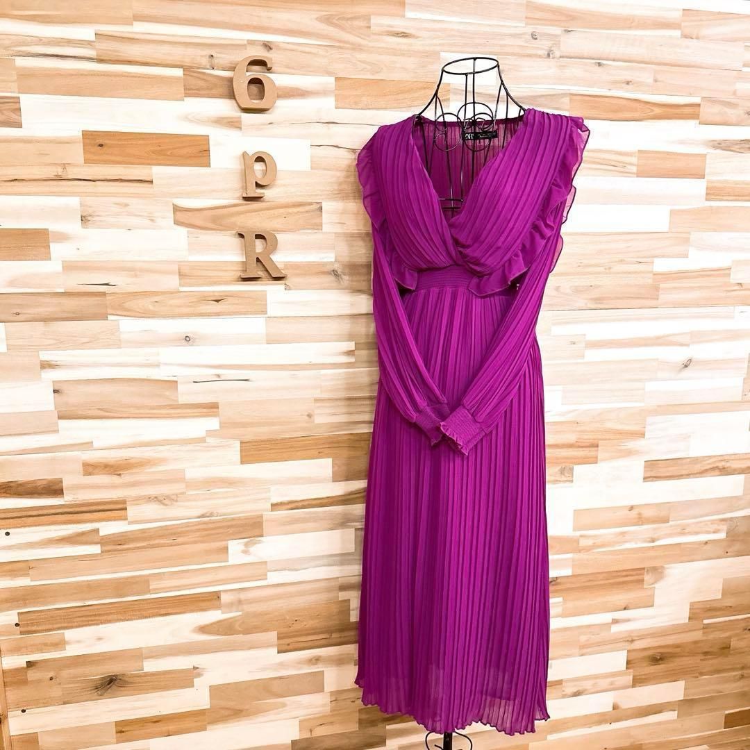  ザラ フリル プリーツ ロング ドレス ワンピース パーティーXS 紫パープル 長袖 七分袖 カットソーワンピース