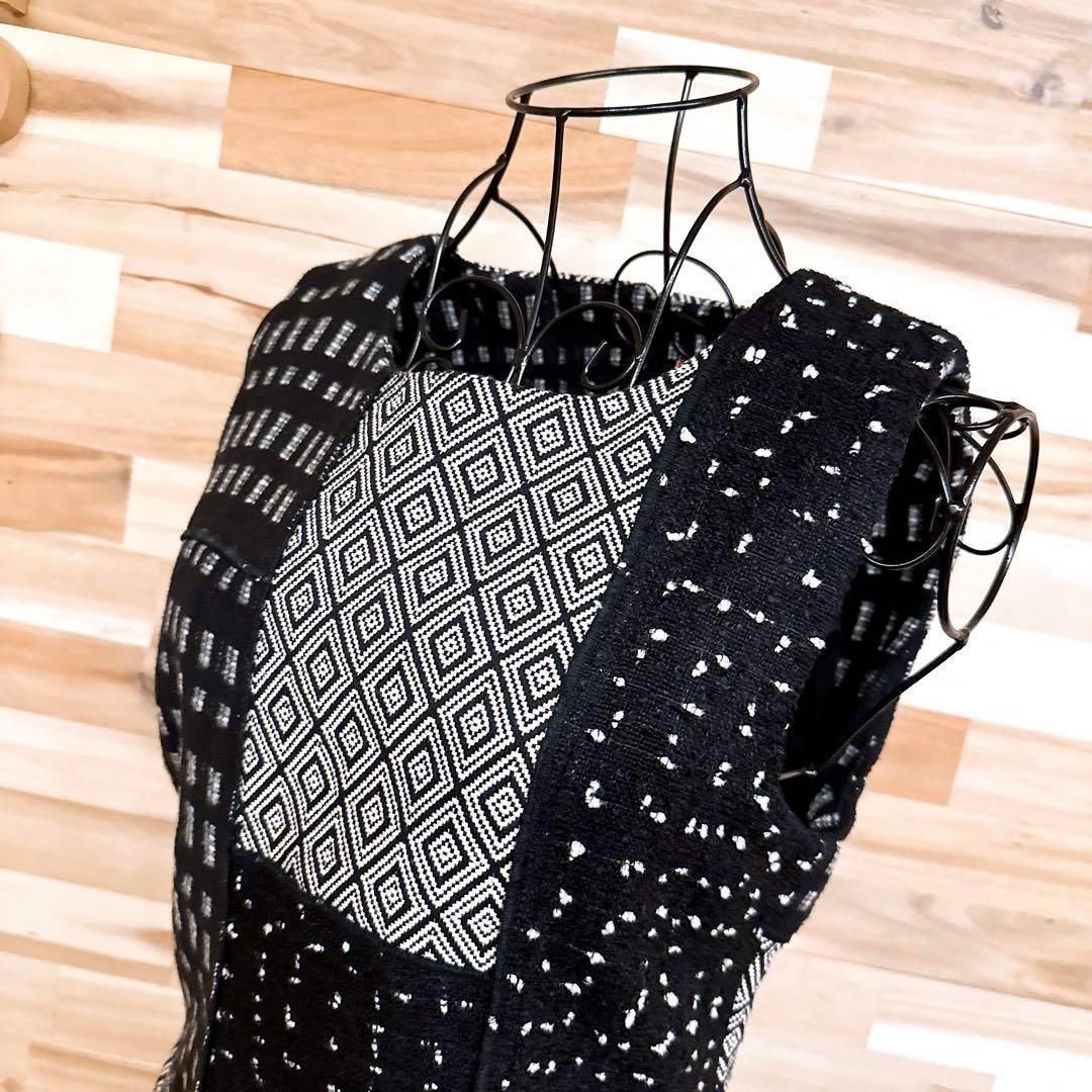 デシグアル ツイード パッチワーク ノースリーブ ワンピース 黒×白