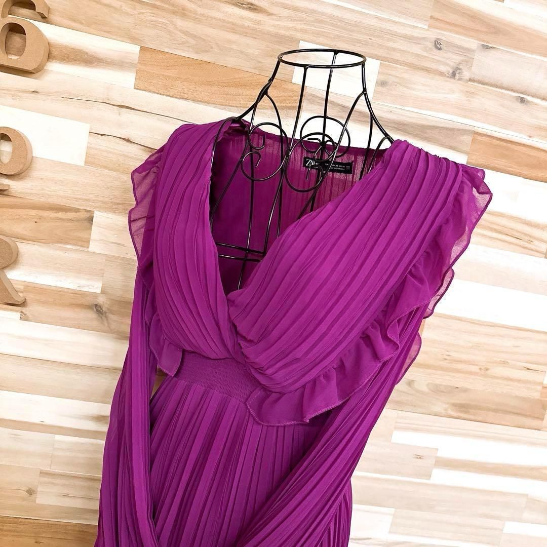 ザラ フリル プリーツ ロング ドレス ワンピース パーティーXS 紫パープル
