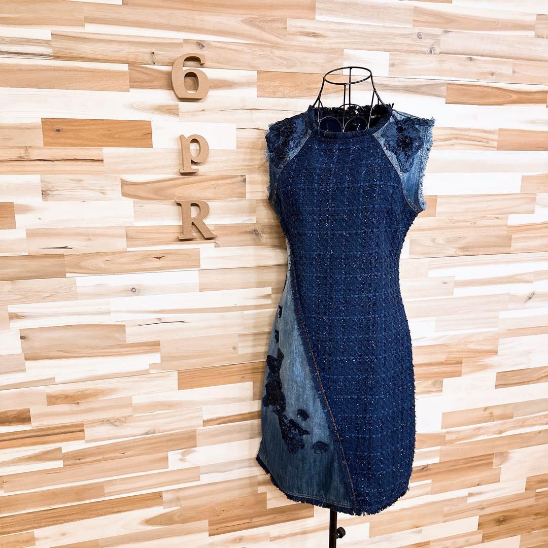 稀少 デシグアル デニム ツイード ドッキング ノースリーブ ワンピース S 紺