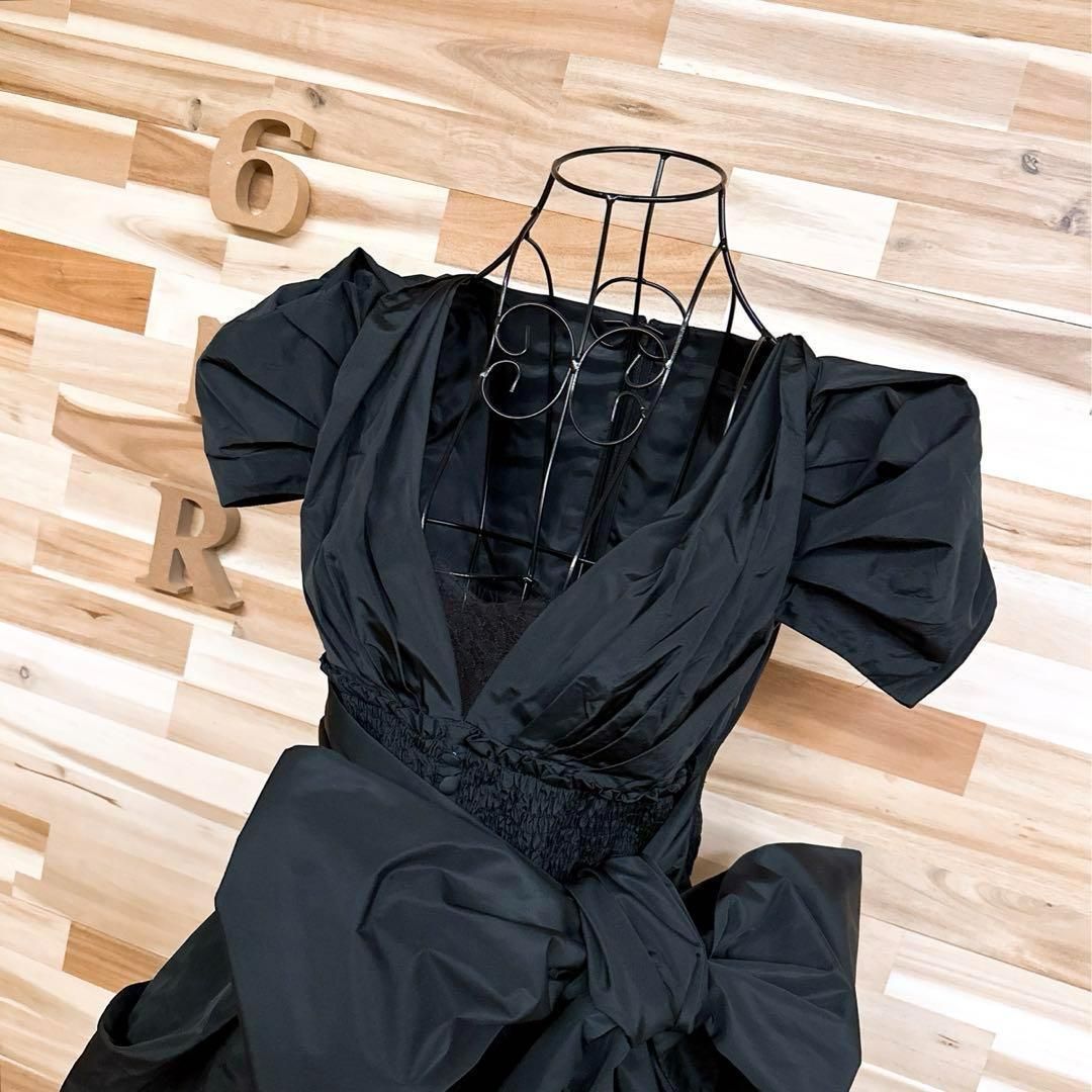 ソブ レース ミニ ドレス ワンピース バルーンスカート ビッグ リボン 黒ブラック Vネック パフスリーブ ボリューム