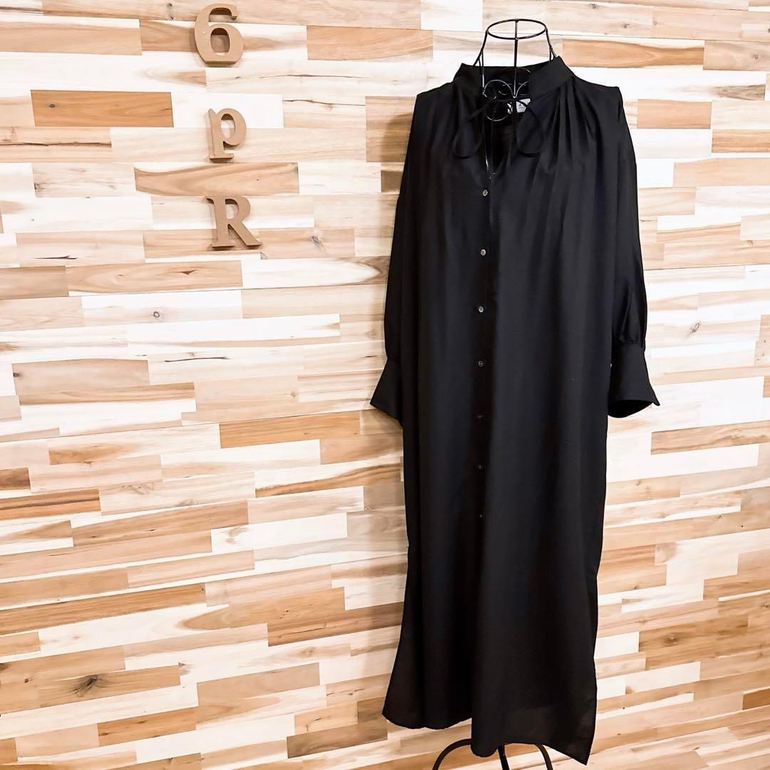 アダムエロペ】タイネック オーバーサイズ ロング シャツ ワンピース黒