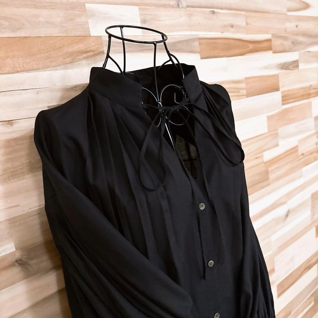 アダムエロペ】タイネック オーバーサイズ ロング シャツ ワンピース黒