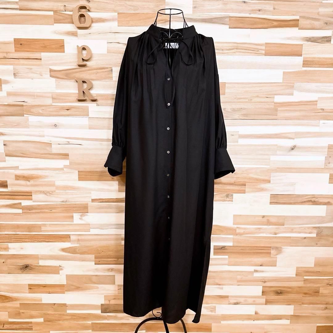 アダムエロペ】タイネック オーバーサイズ ロング シャツ ワンピース黒