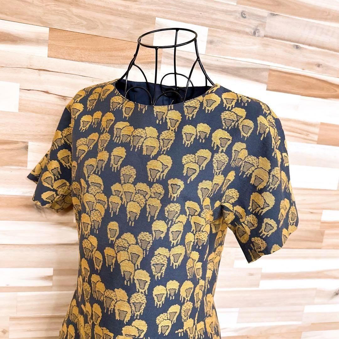 サリースコット ジャガード織 羊 ひつじ 総柄 ワンピース M相当 黄×グレー