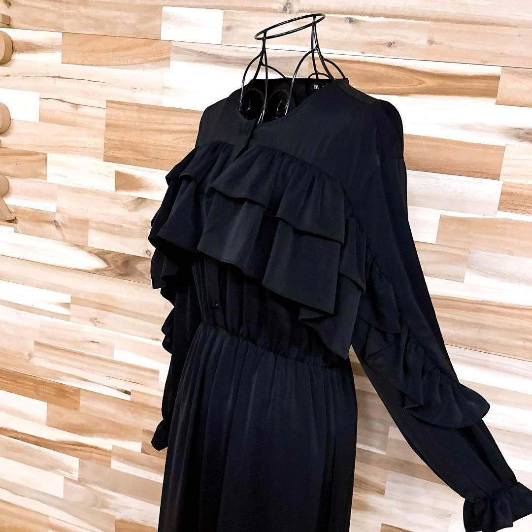 ザラ フリル ロング ブラウス ワンピース フェミニン XS 黒ブラック
