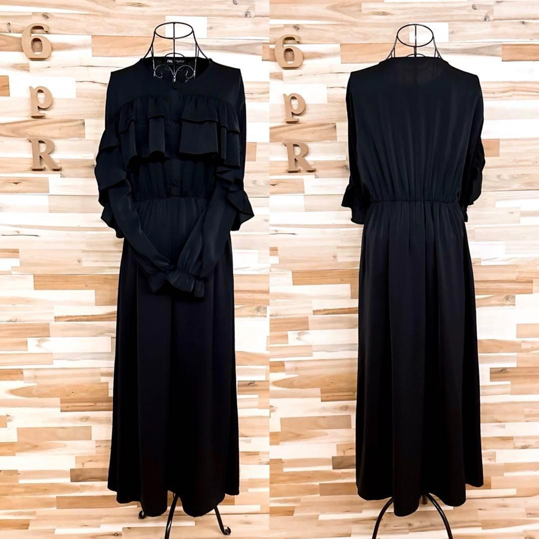 希少【ザラ】フリル ロング ブラウス ワンピース フェミニン XS 黒