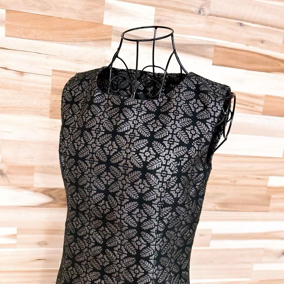 タルボット ラメ糸 ジャガード ノースリーブ ワンピース 総柄 M相当 黒×銀