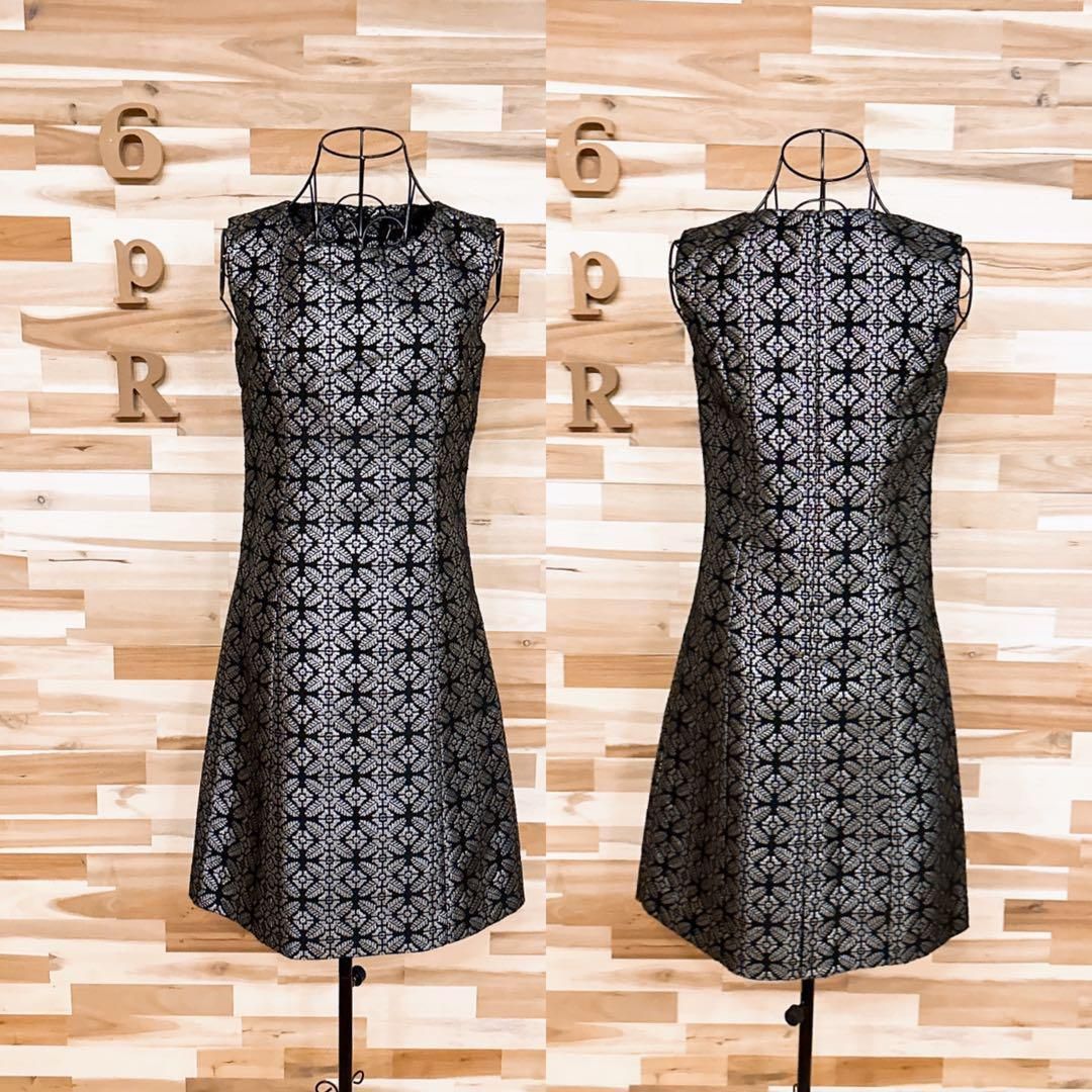  タルボット ラメ糸 ジャガード ノースリーブ ワンピース 総柄 M相当 黒×銀 ノースリーブ ひざ丈ワンピース