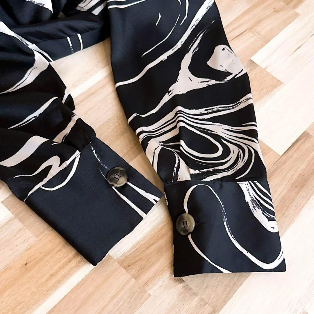  ザラ マーブル ライン アート ロング ワンピース 総柄 モノクロ S 黒×白 長袖 七分袖 カットソーワンピース