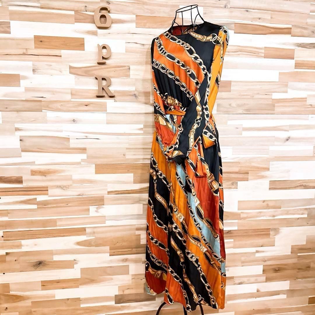 ザラ チェーン ストライプ アート ロング プリーツ ワンピース XS 茶×黒