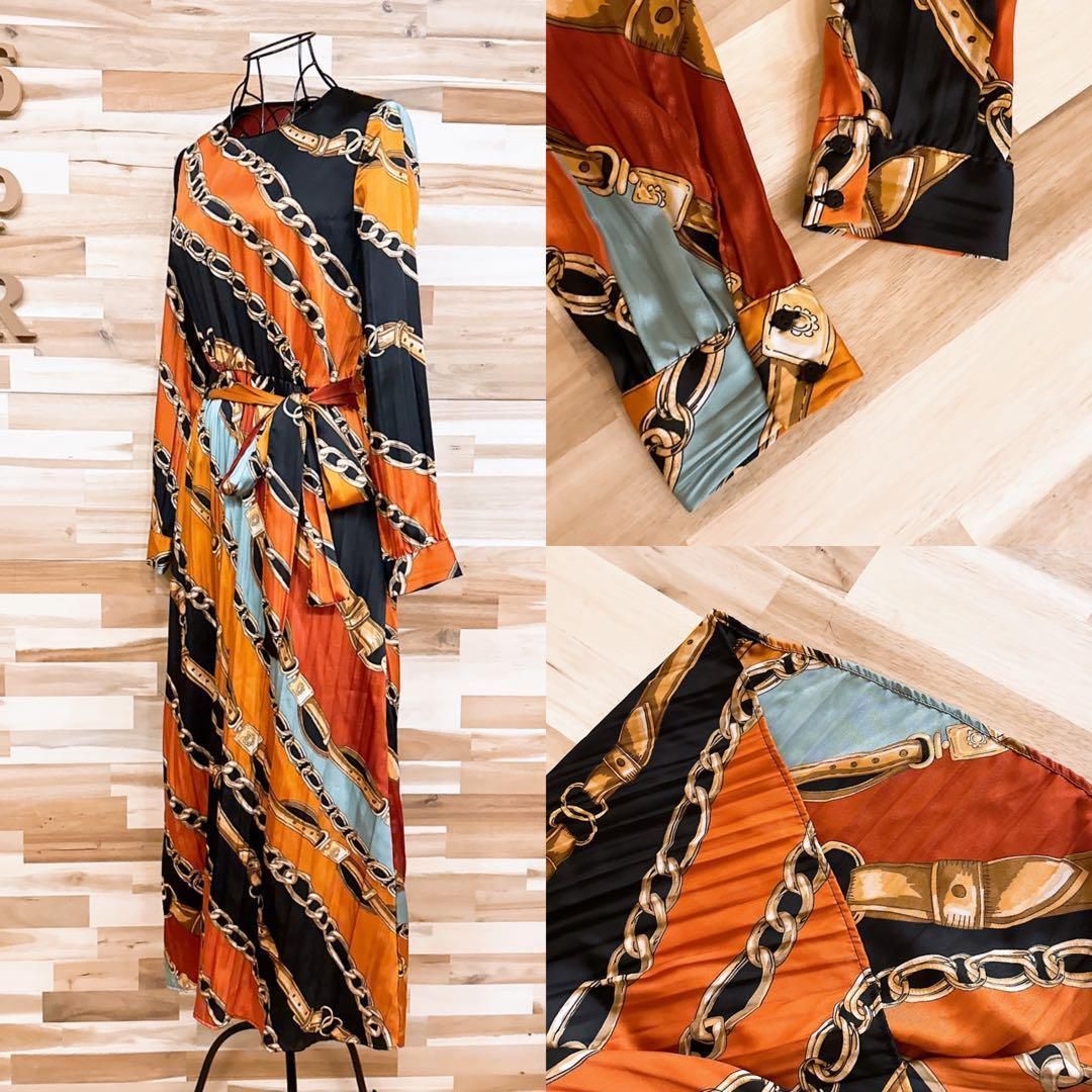  ザラ チェーン ストライプ アート ロング プリーツ ワンピース XS 茶 黒 長袖 七分袖 カットソーワンピース