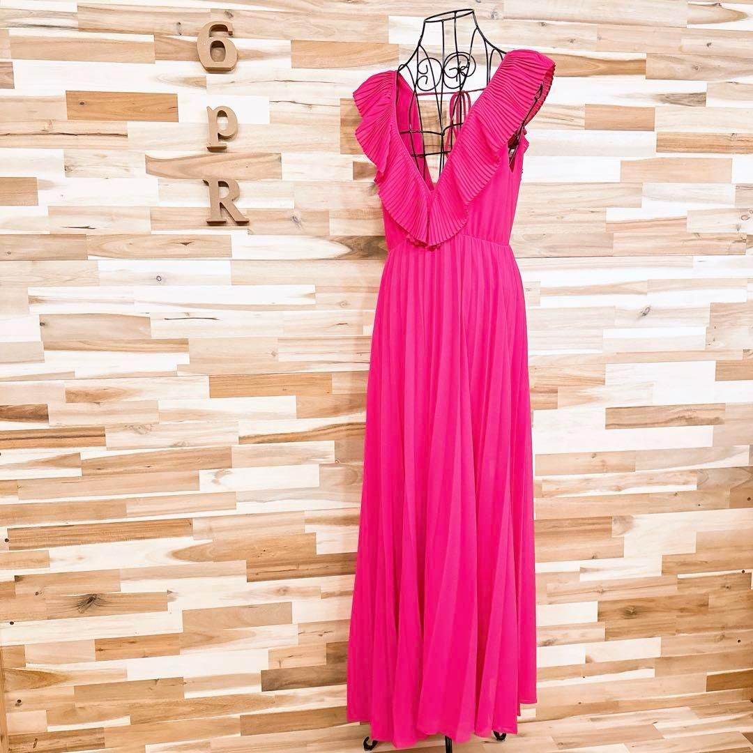 ザラ Vネック フリル プリーツ ロング ドレス ワンピース XS ピンク