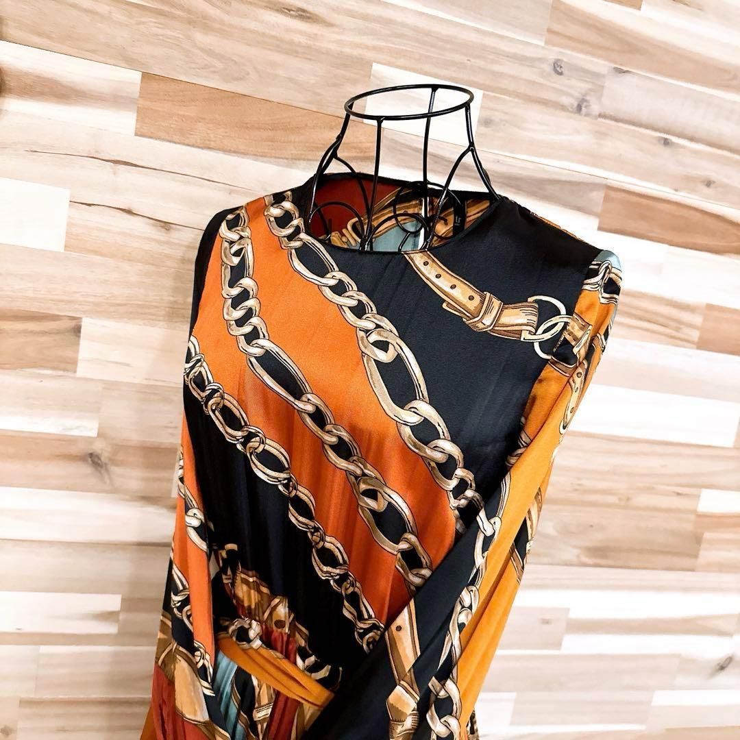 ザラ チェーン ストライプ アート ロング プリーツ ワンピース XS 茶×黒