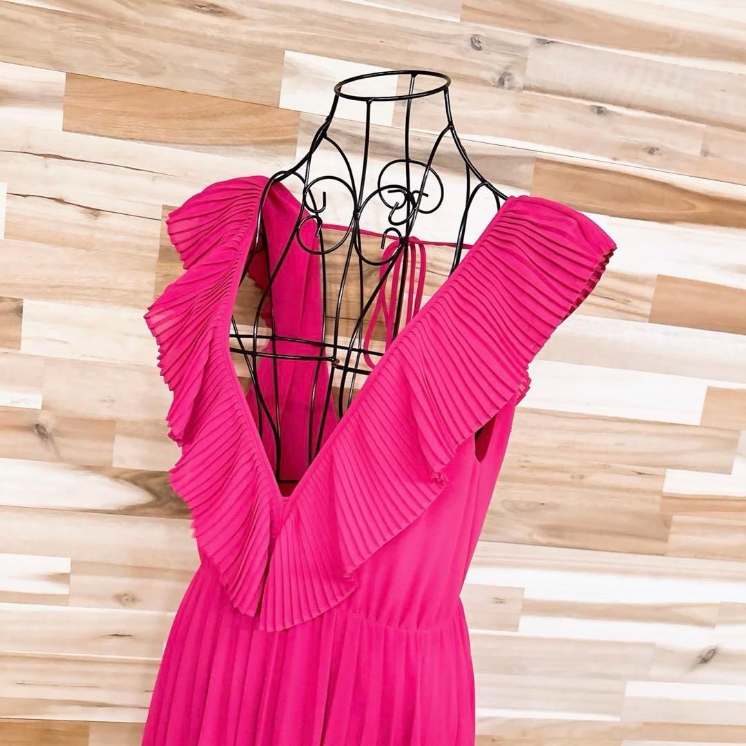 ザラ Vネック フリル プリーツ ロング ドレス ワンピース XS ピンク