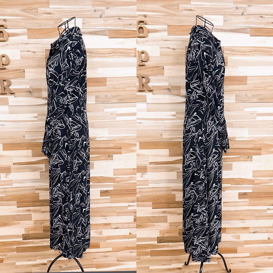  ザラ アート デザイン ロング ワンピース 総柄 レーヨン S 黒×白 長袖 七分袖 カットソーワンピース
