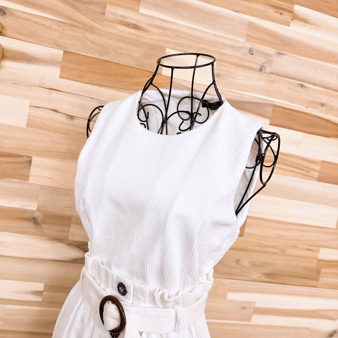 ザラ クルーネック コーデュロイ ノースリーブ ロング ワンピース 綿 S 白