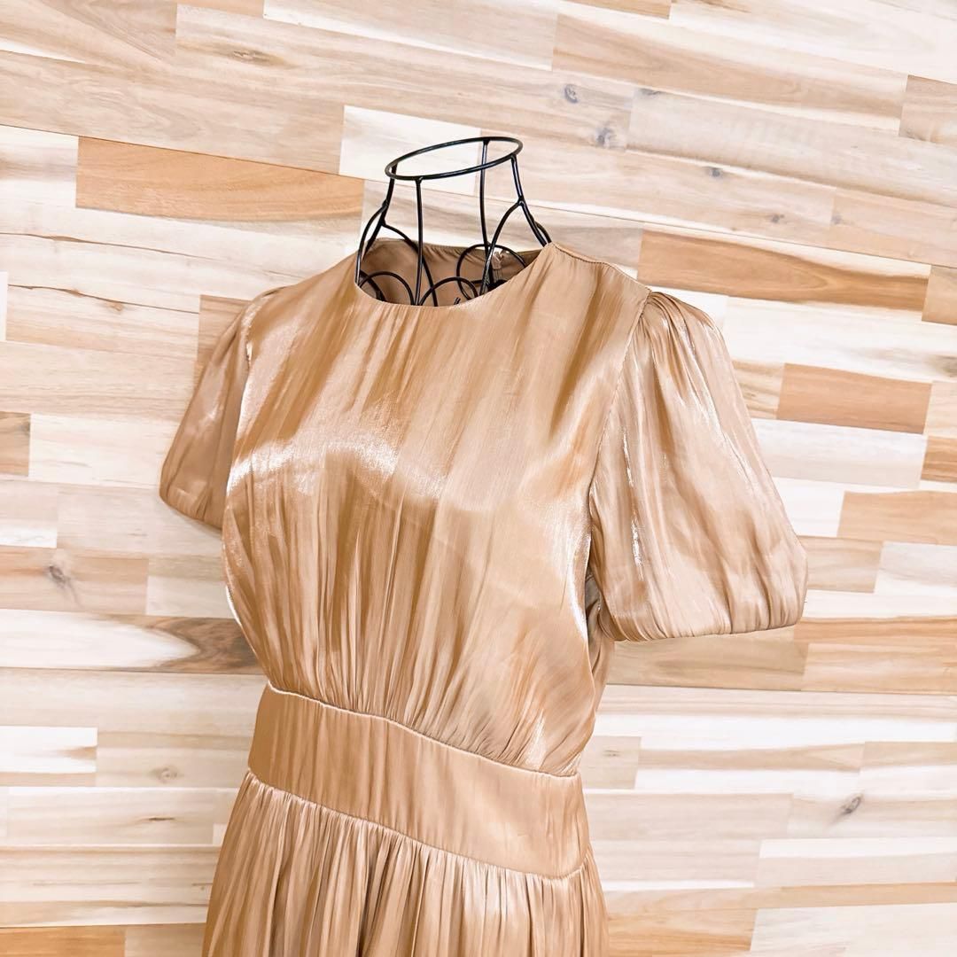 ザラ メタリック ラメ パフスリーブ ロング ドレス ワンピース M ベージュ