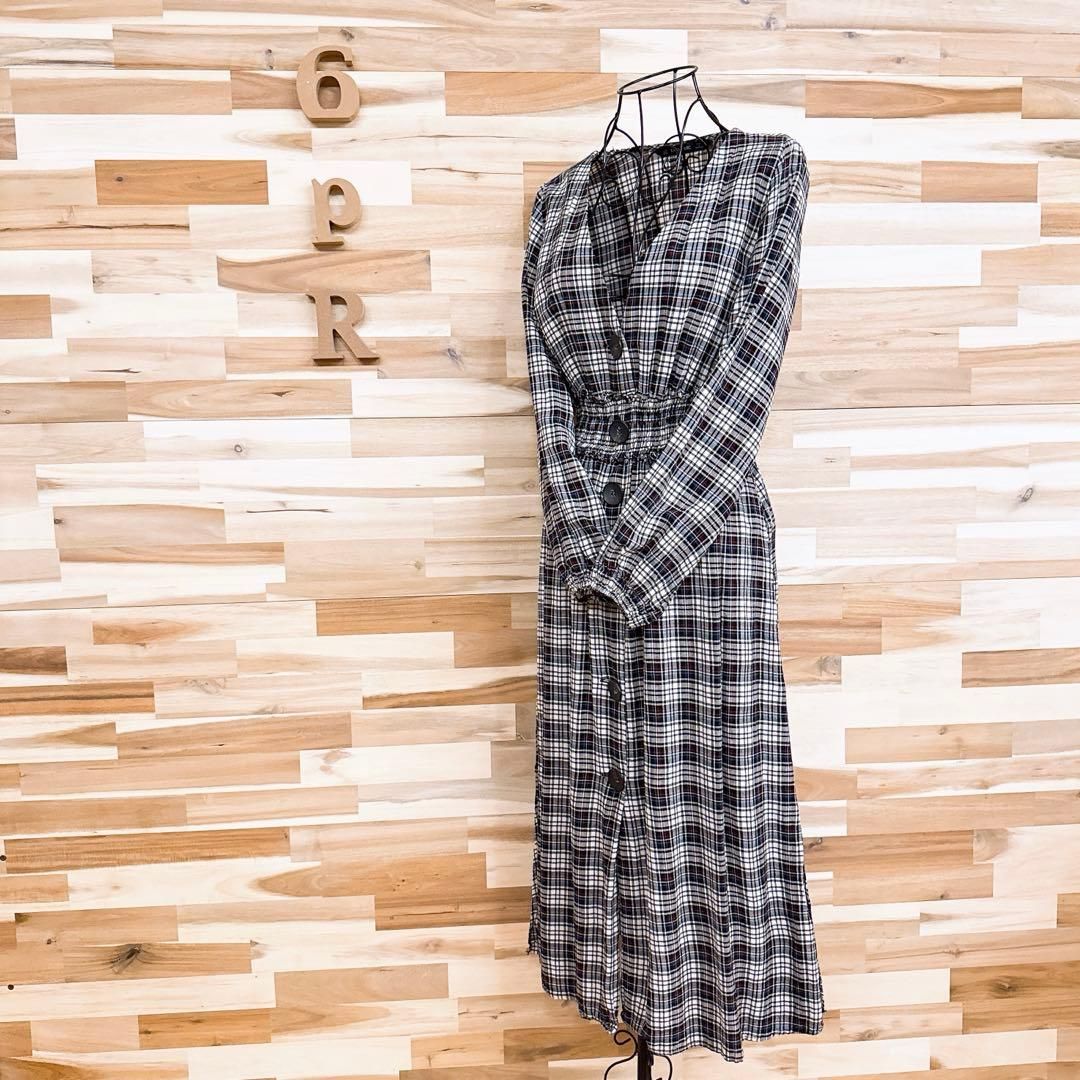 ザラ ギャザー ロング ワンピース 長袖 チェック 総柄 M アイボリー 黒