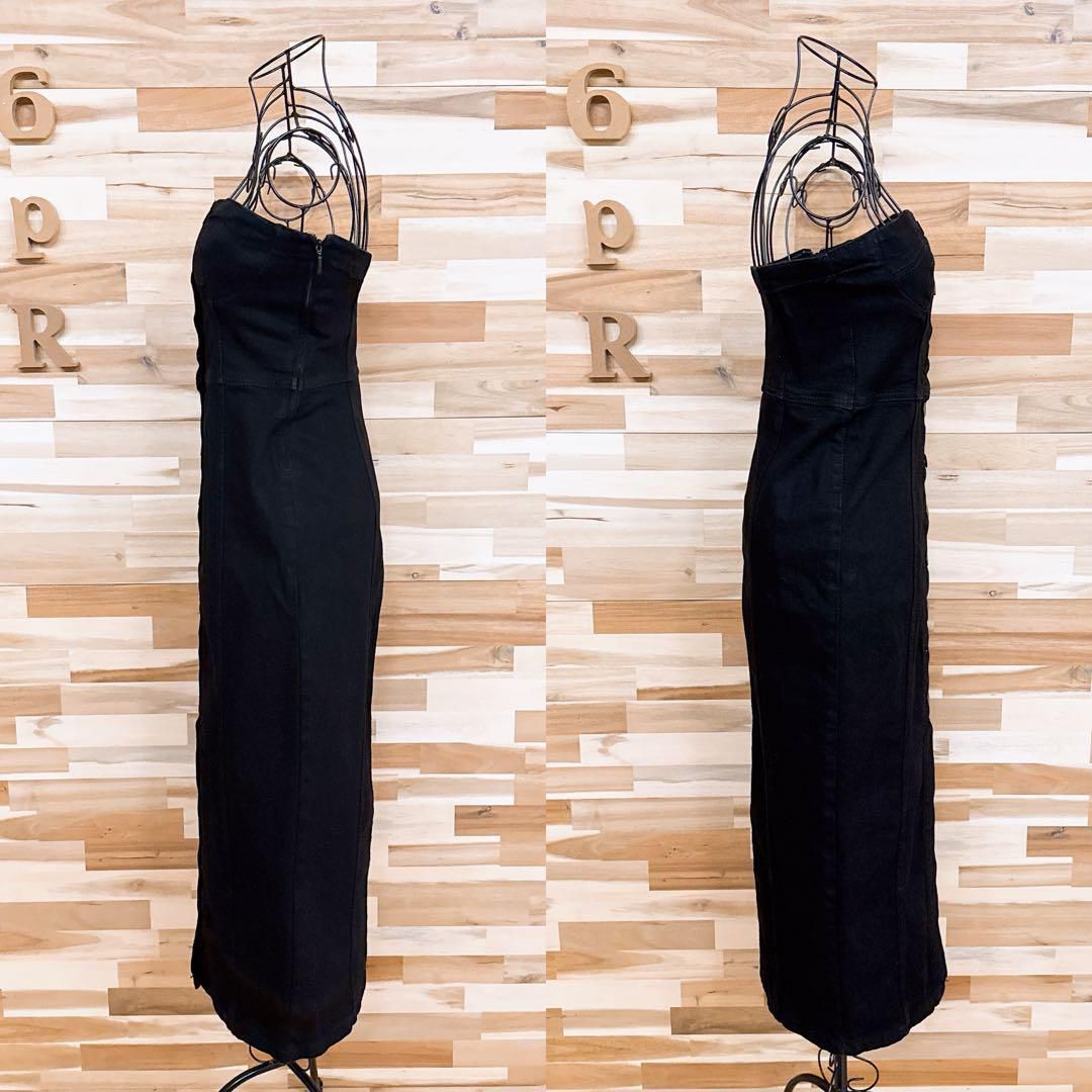 爽快な ザラ ブラック デニム チューブトップ ロング ワンピース スリット S黒