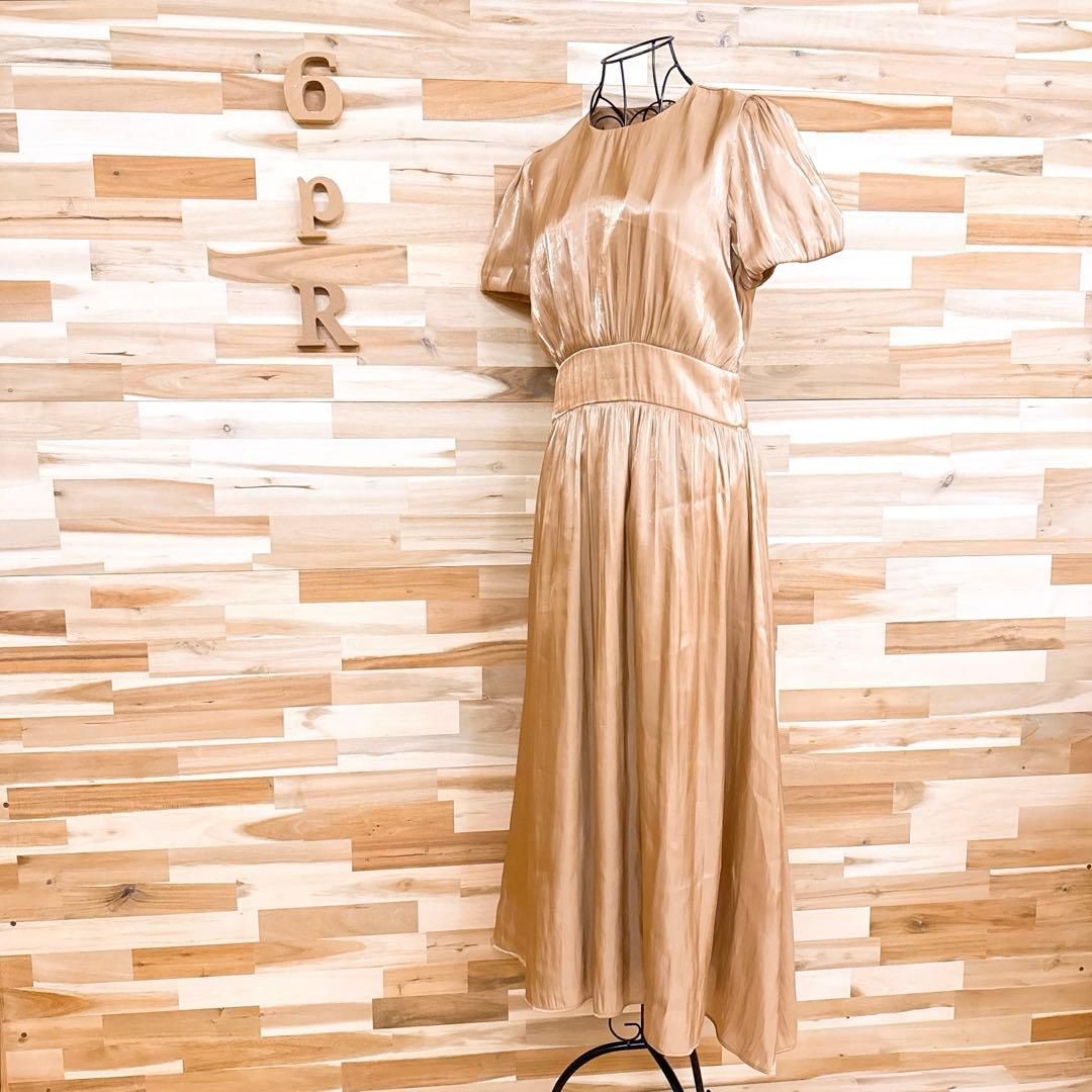  ザラ メタリック ラメ パフスリーブ ロング ドレス ワンピース M ベージュ 半袖 カットソーワンピース