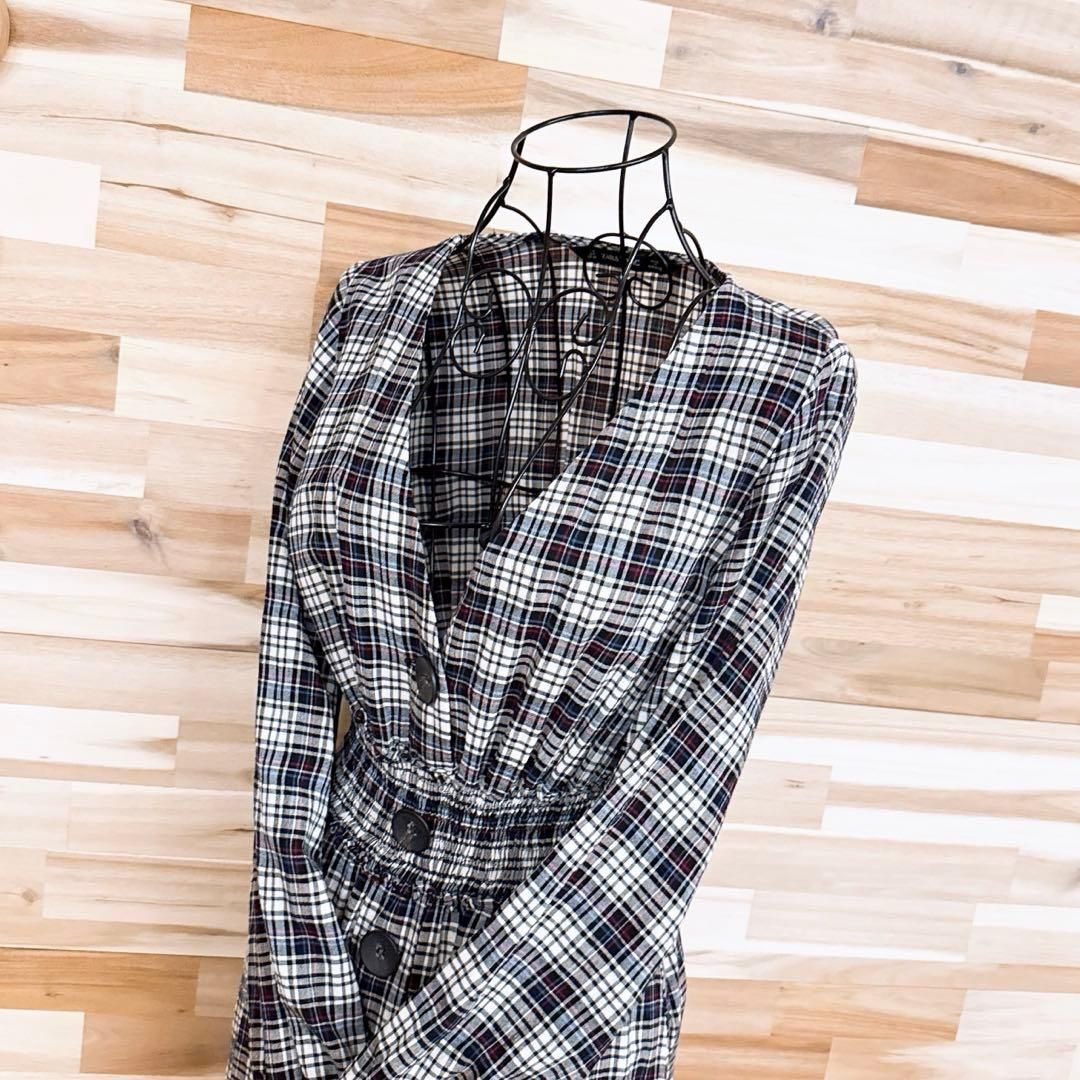 ザラ ギャザー ロング ワンピース 長袖 チェック 総柄 M アイボリー×黒