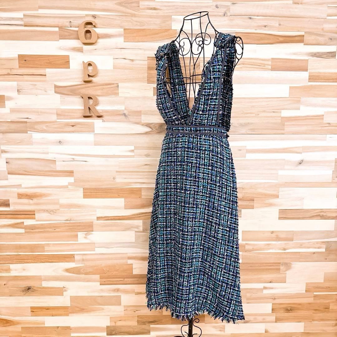 ザラ ミックス ツイード ジャンパースカート ロング ワンピース S 緑×青