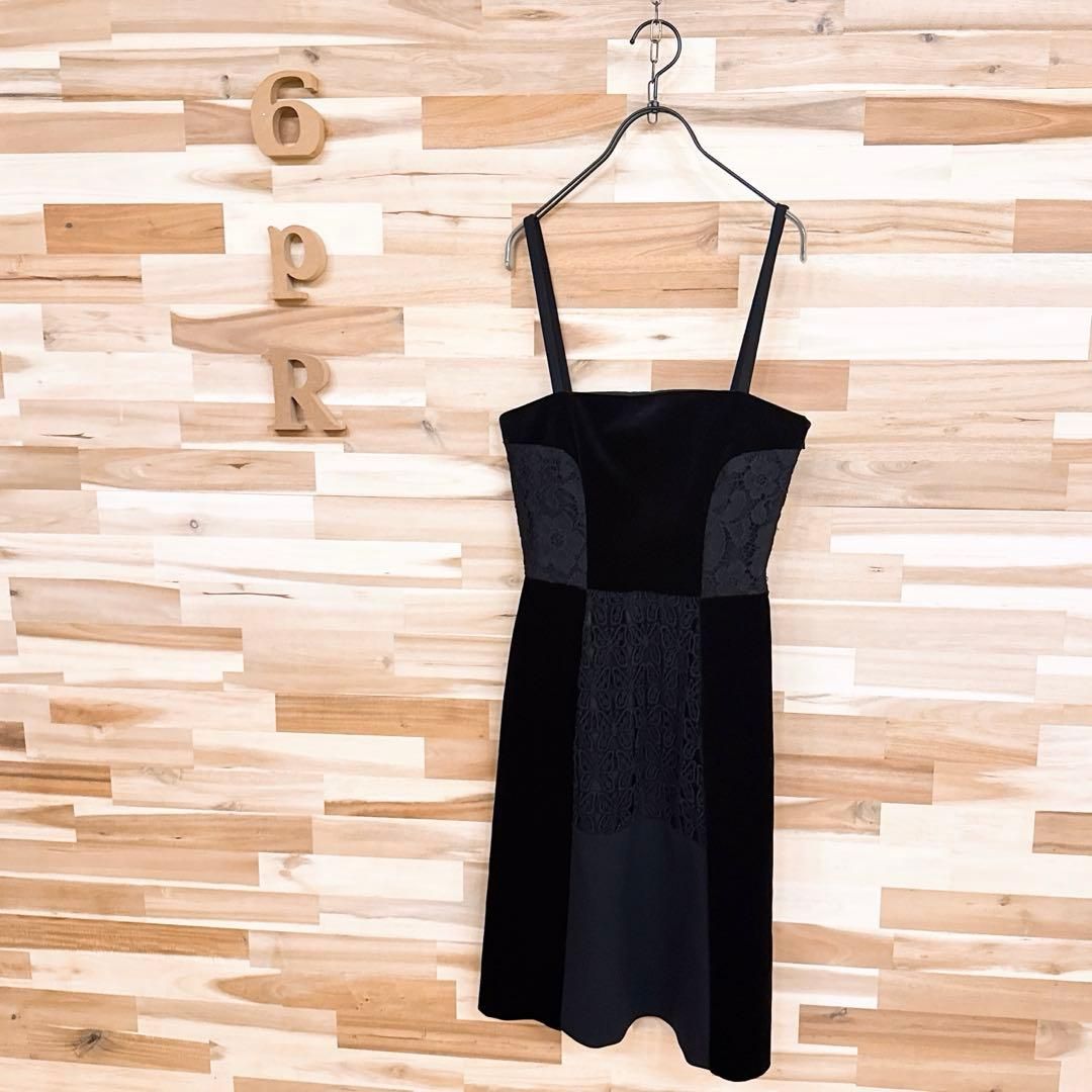 モスキーノ ベロア 刺繍レース 切り替え キャミ ワンピース 蝶 花柄 黒