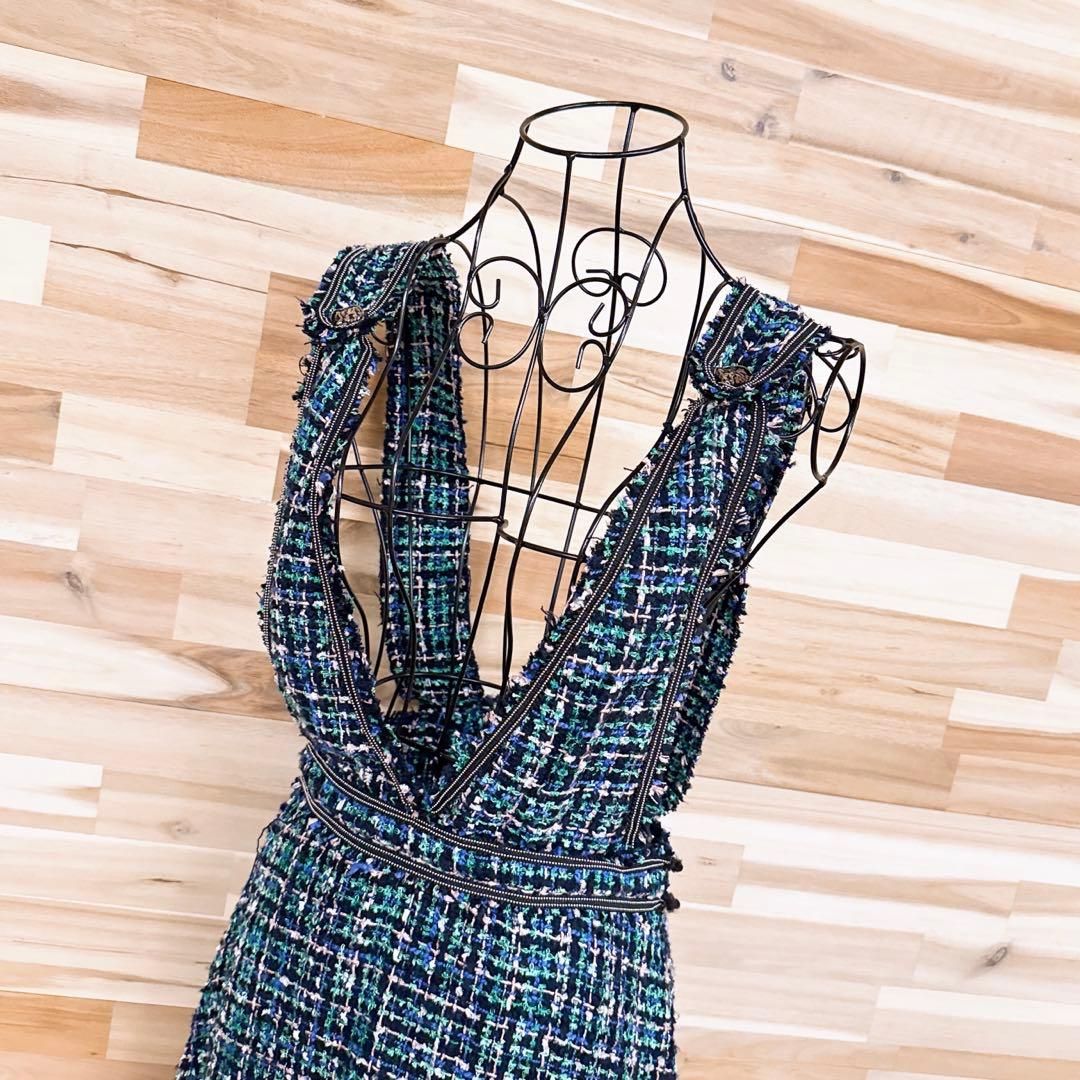 ザラ ミックス ツイード ジャンパースカート ロング ワンピース S 緑×青