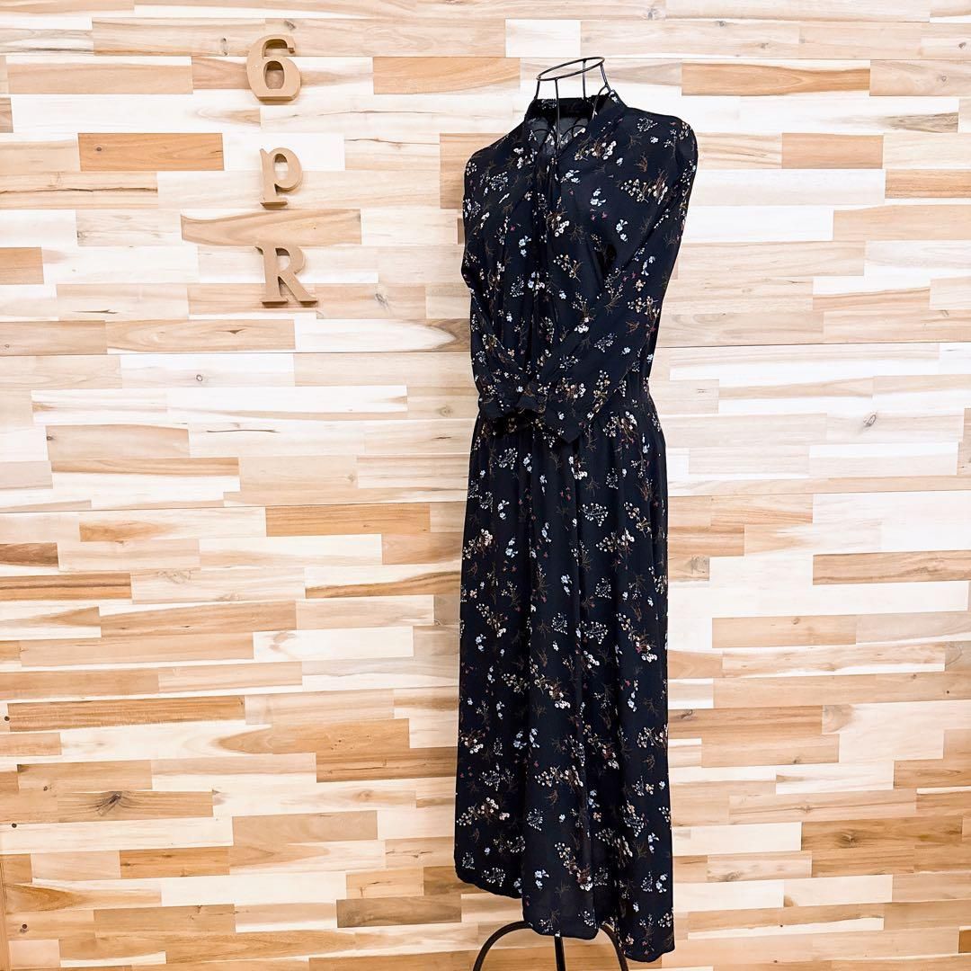 ザラ レーヨン100% 花柄 ロング ワンピース ギャザー ネック M 黒×白