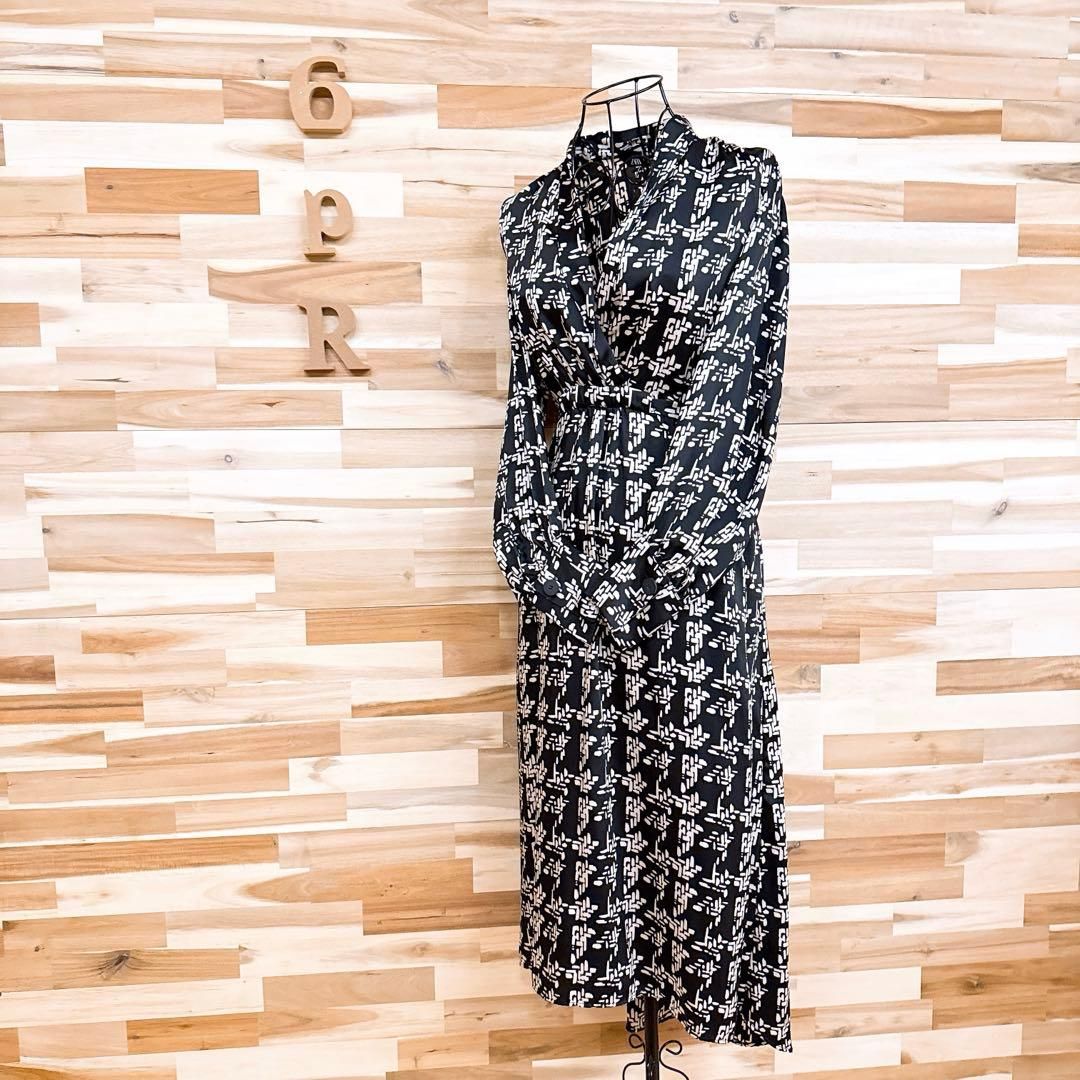 ザラ カシュクール フィッシュテール ロング ワンピース総柄 XS黒アイボリー
