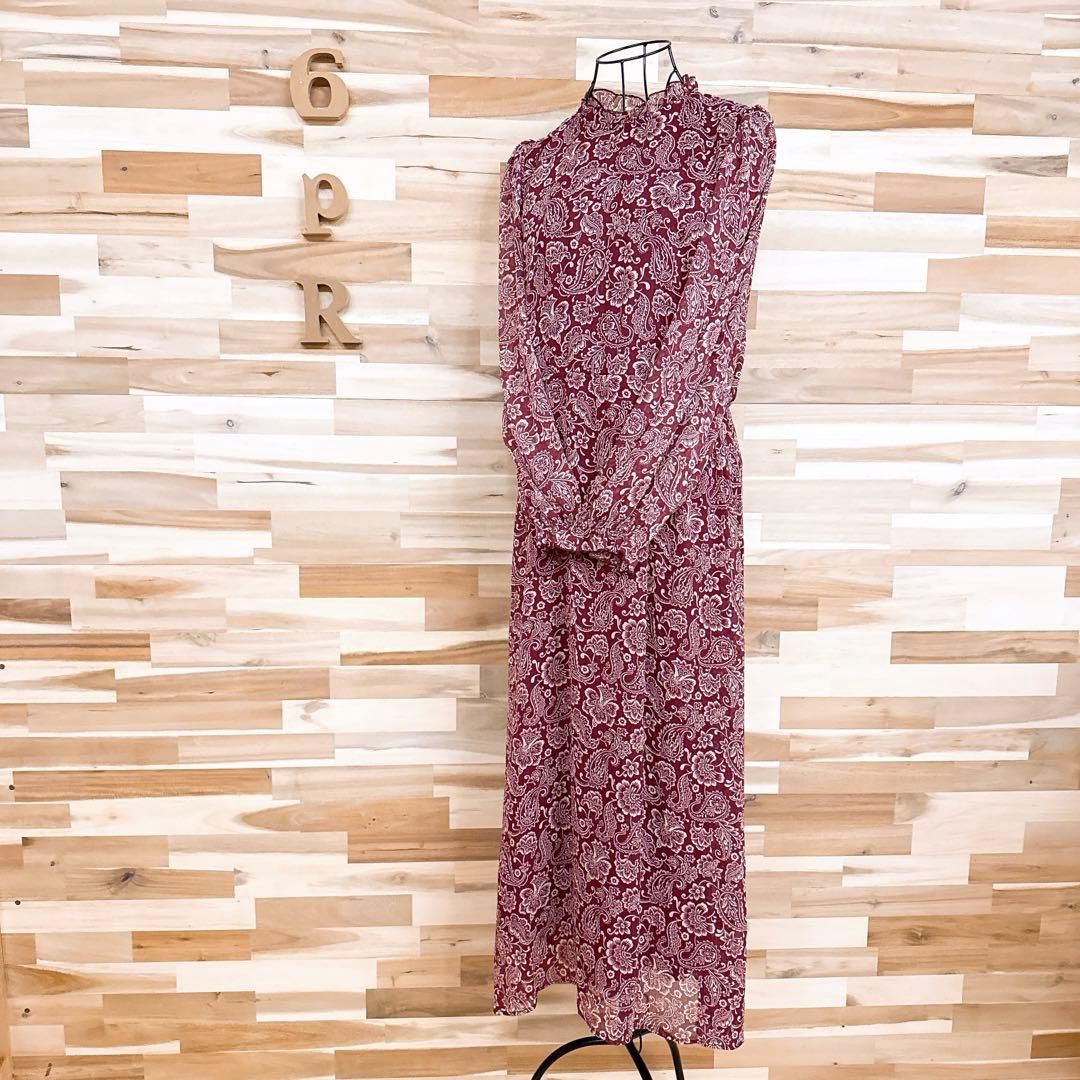 ザラ シフォン 花柄ペイズリー ロング ワンピース 総柄 S 赤×アイボリー