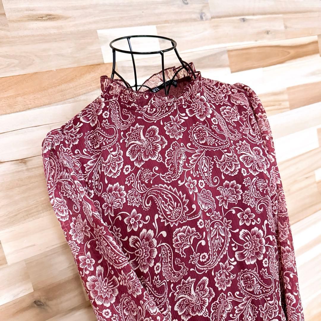 ザラ シフォン 花柄ペイズリー ロング ワンピース 総柄 S 赤×アイボリー