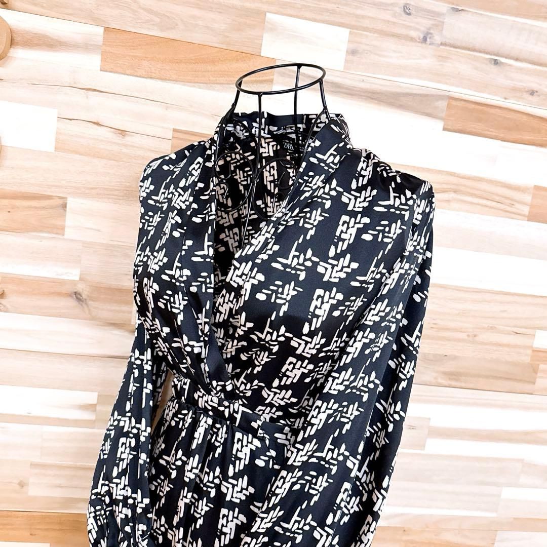 ザラ カシュクール フィッシュテール ロング ワンピース総柄 XS黒アイボリー