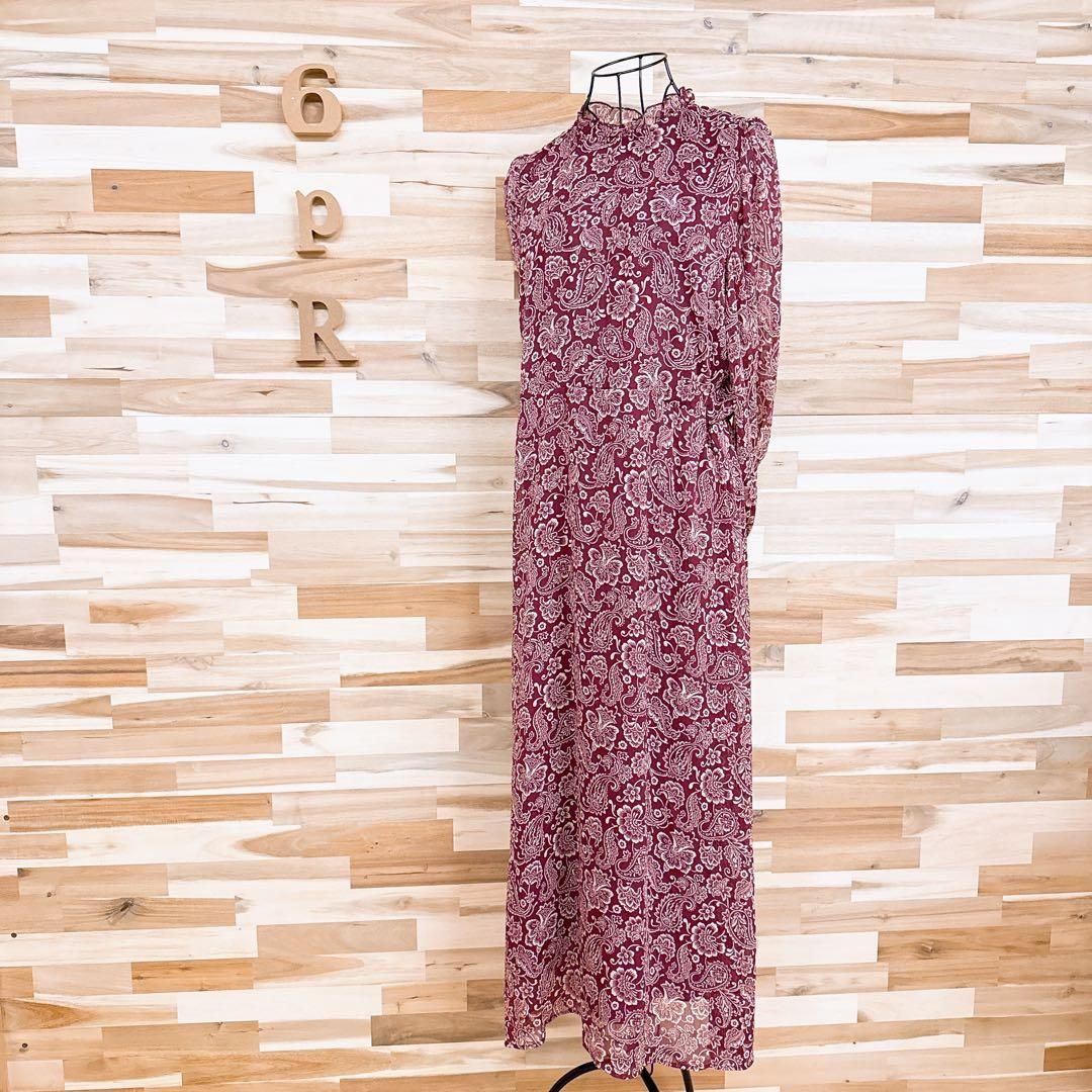  ザラ シフォン 花柄ペイズリー ロング ワンピース 総柄 S 赤×アイボリー 長袖 七分袖 カットソーワンピース