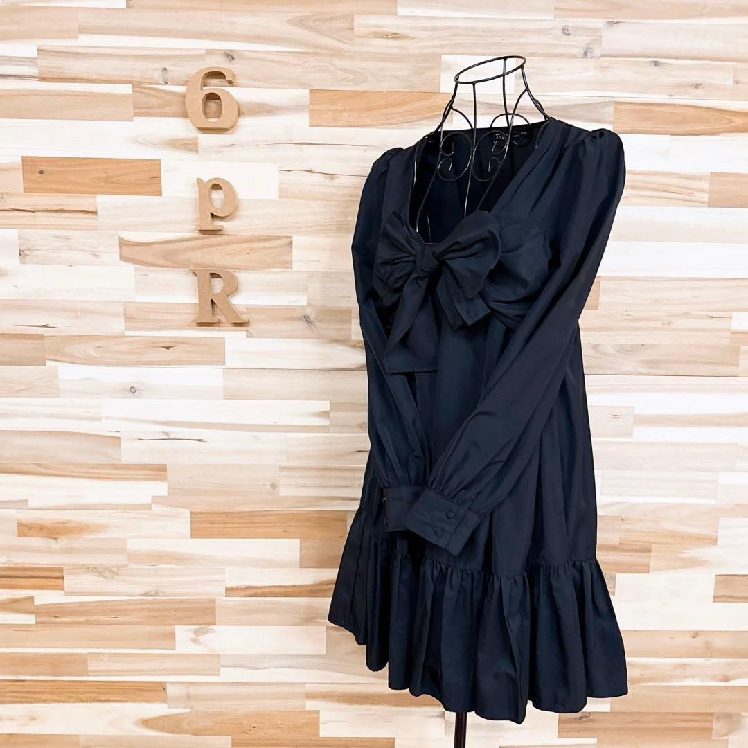 ザラ 大リボン ミニ ドレス ワンピース ティアード 長袖 XS 黒ブラック