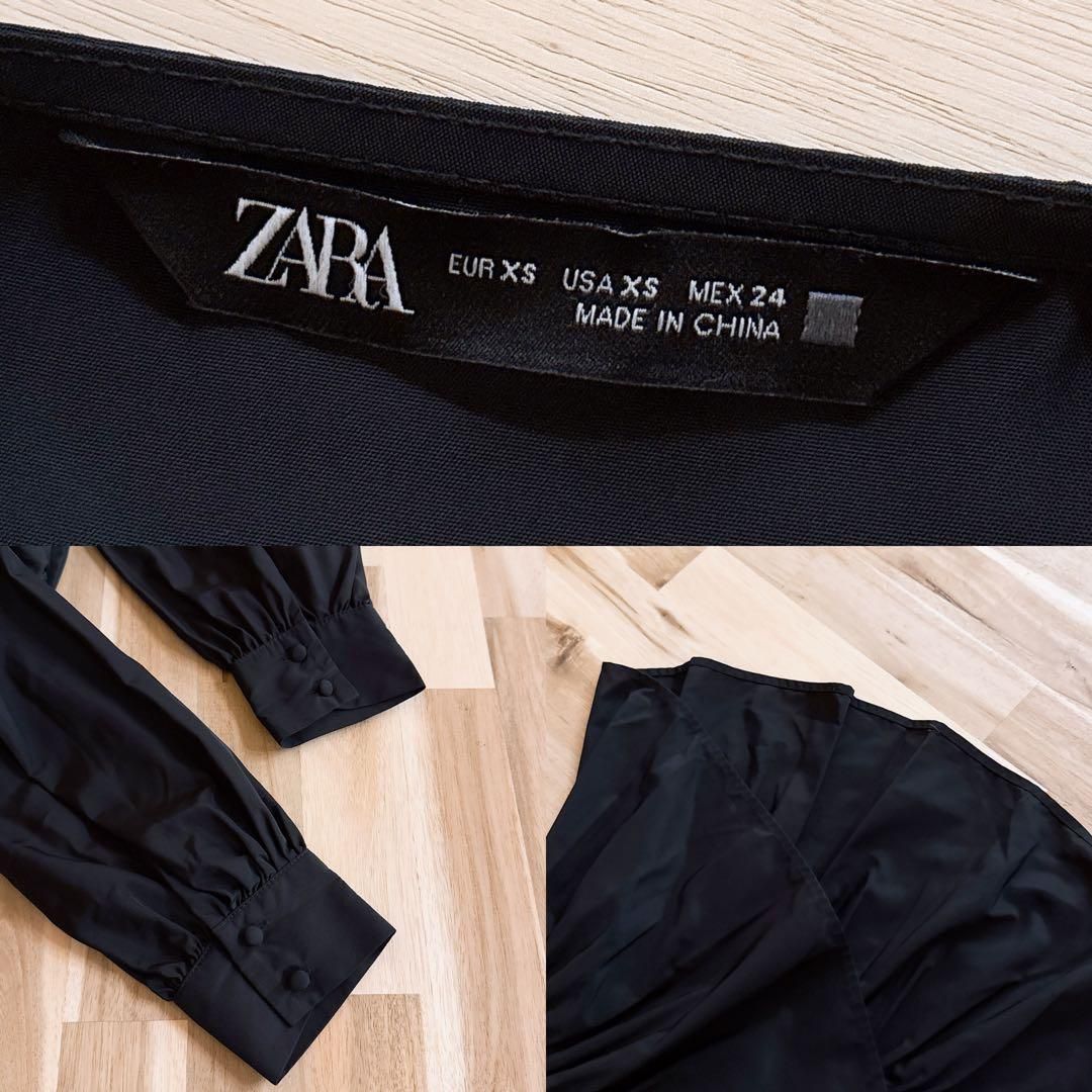  ザラ 大リボン ミニ ドレス ワンピース ティアード 長袖 XS 黒ブラック 長袖 七分袖 ミニワンピース