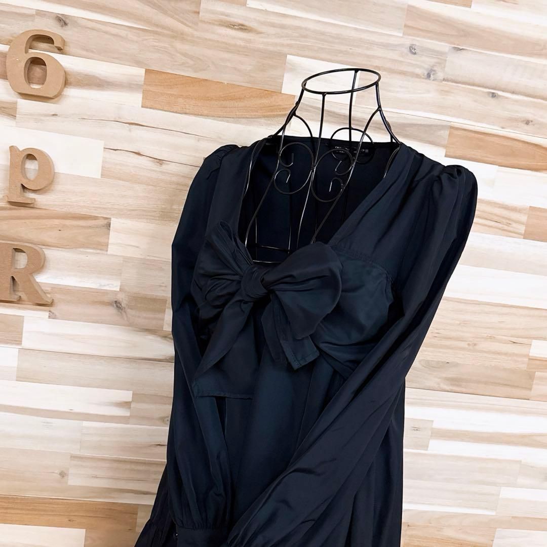 ザラ 大リボン ミニ ドレス ワンピース ティアード 長袖 XS 黒ブラック